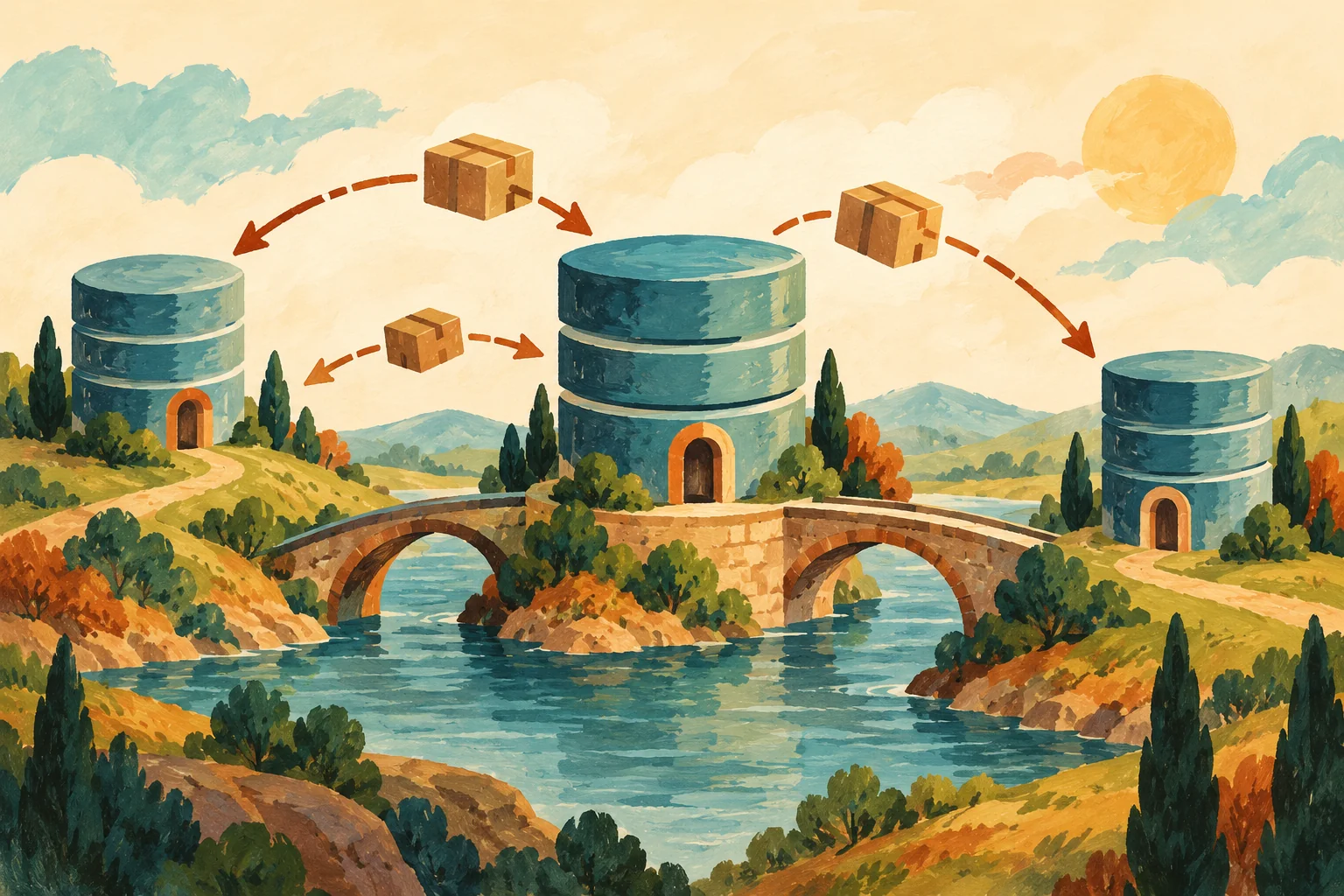 Gouache painting of databases exchanging packages