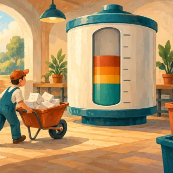 Gouache painting of a worker moving blocks beside a temporary storage tank with a colored space gauge