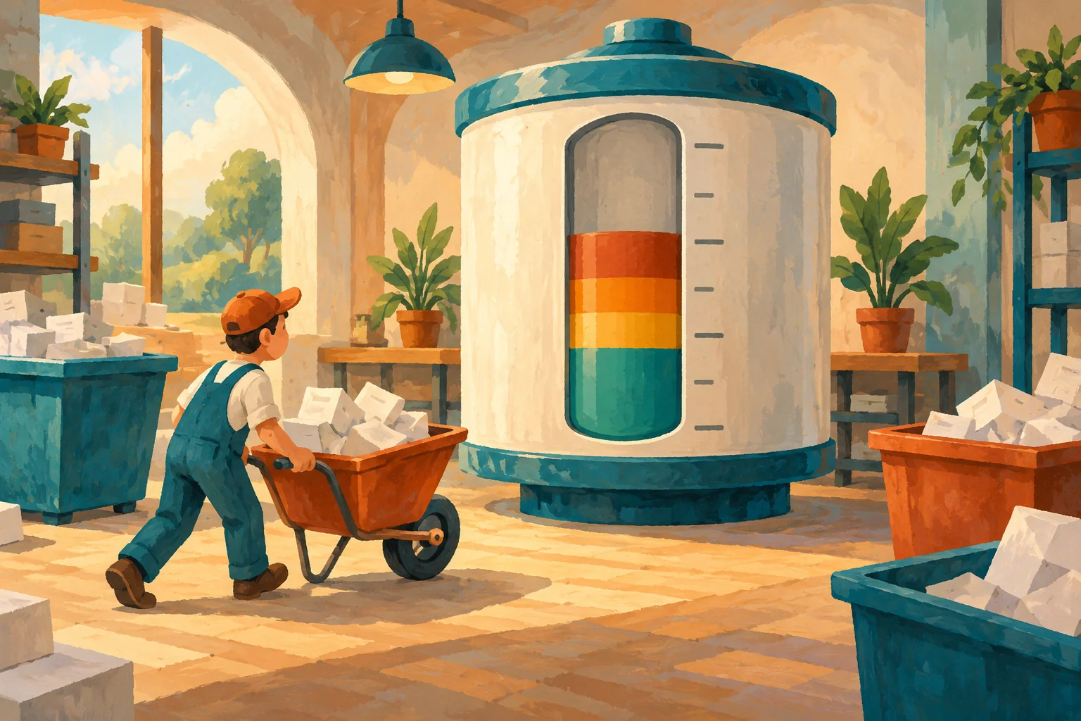 Gouache painting of a worker moving blocks beside a temporary storage tank with a colored space gauge