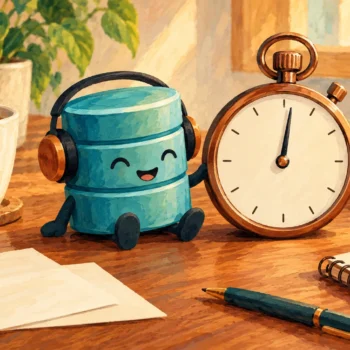 Gouache painting of a database character beside a stopwatch