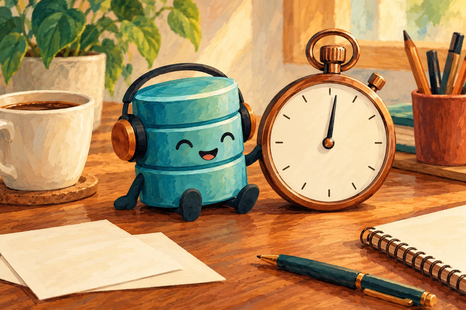 Gouache painting of a database character beside a stopwatch