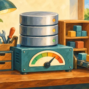 Gouache painting of a compact database workshop with a capacity gauge for SQL Server Express