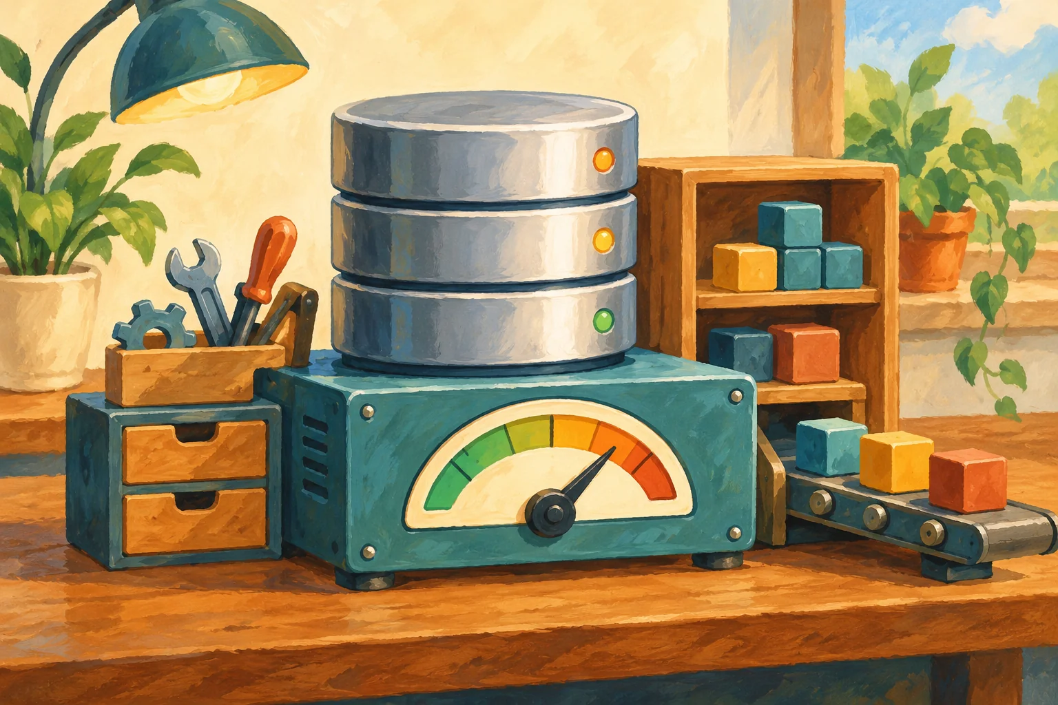 Gouache painting of a compact database workshop with a capacity gauge for SQL Server Express
