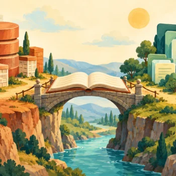 Gouache painting of an open glossary bridging relational tables and document folders