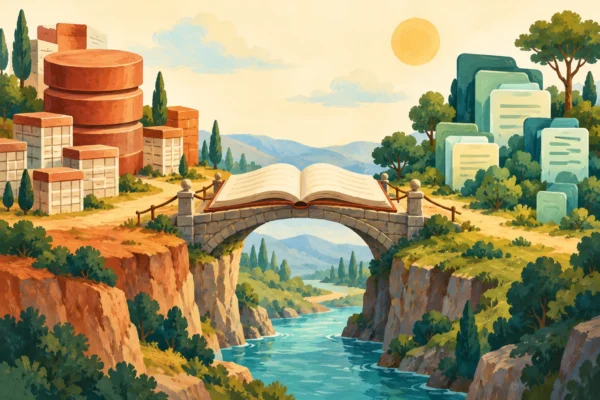 Gouache painting of an open glossary bridging relational tables and document folders