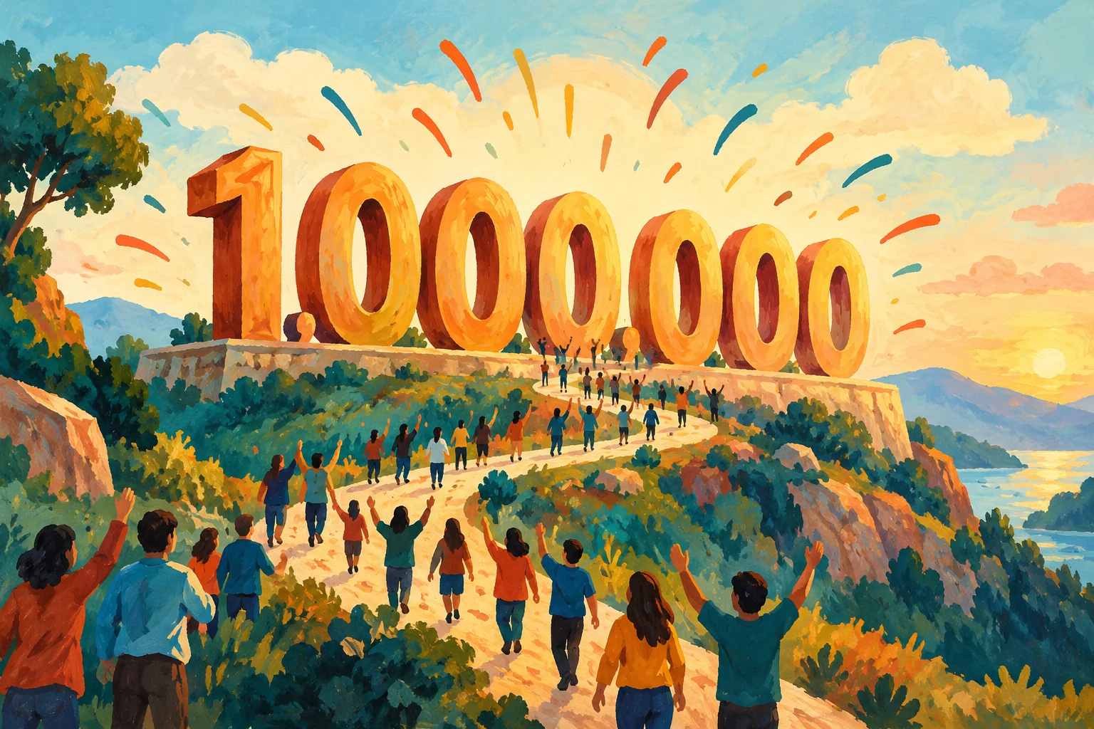 Gouache painting of readers celebrating the 1 million visitors milestone along a winding path