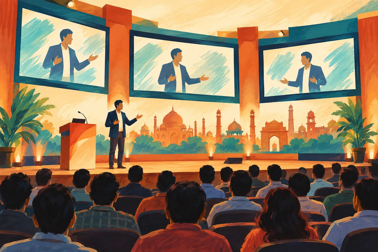 Gouache painting of a conference stage and audience, inspired by Great Indian Developer Summit 2015