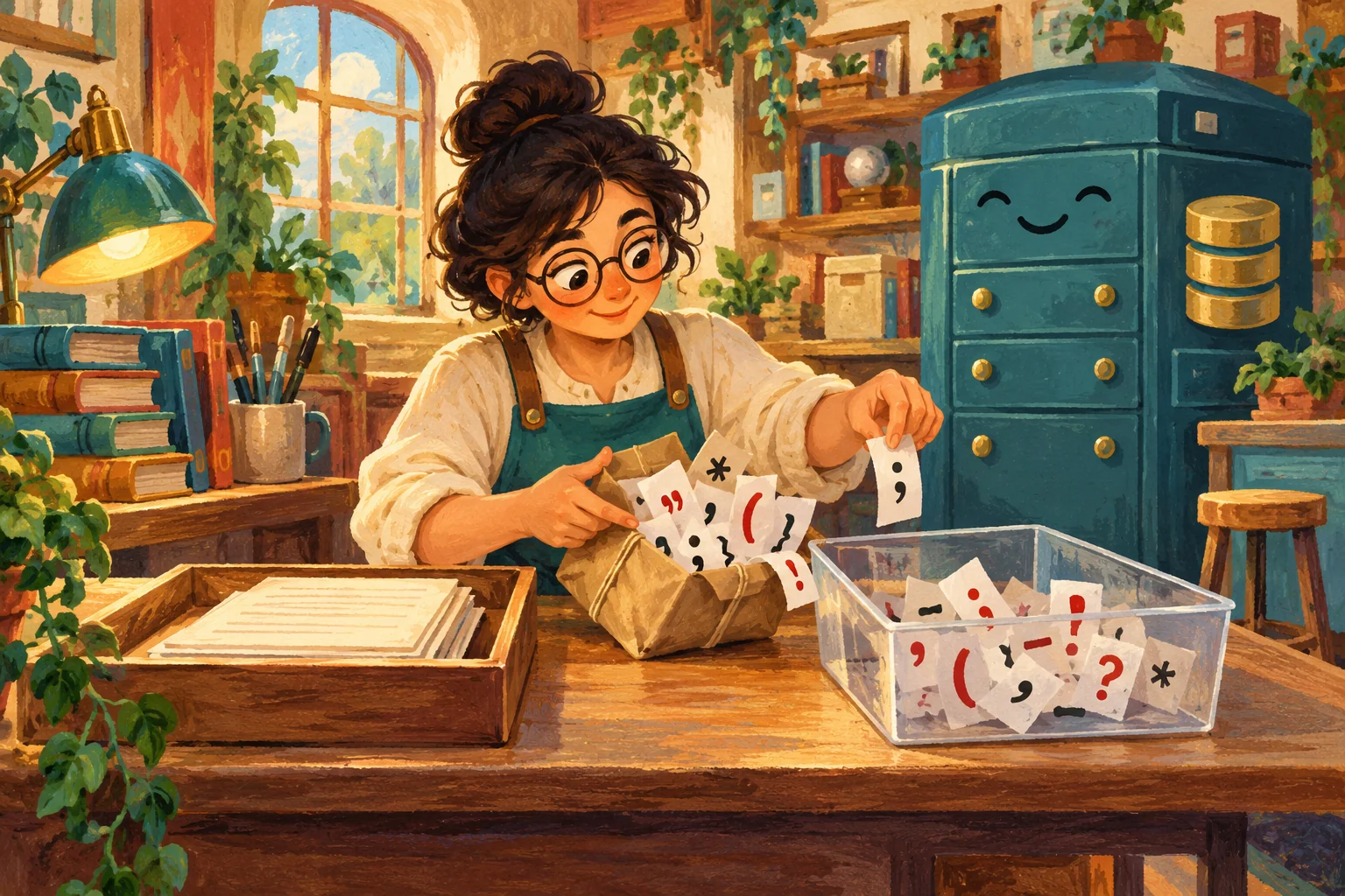 Gouache painting of a person sorting punctuation into a separate tray beside a database cabinet