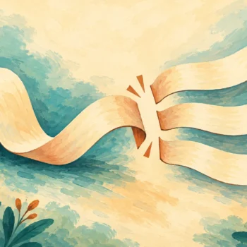 Gouache painting of a paper ribbon separating into lines