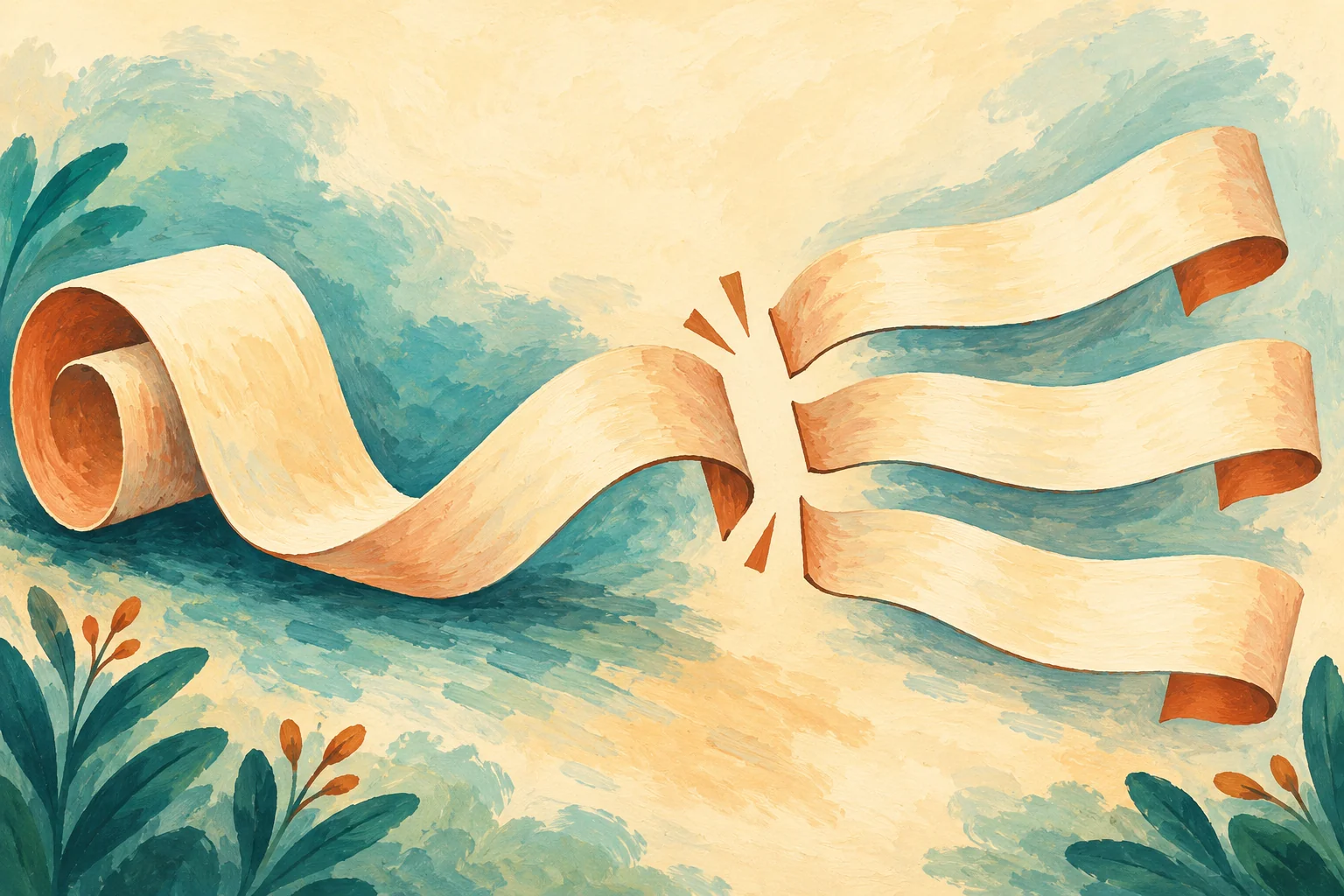 Gouache painting of a paper ribbon separating into lines