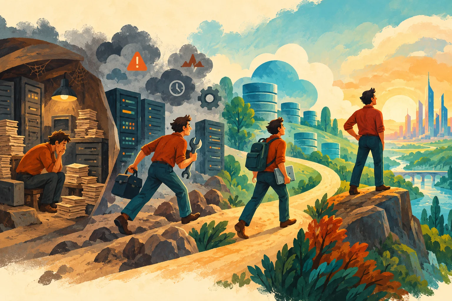 Gouache painting of a database professional moving from server maintenance toward cloud systems and new responsibilities