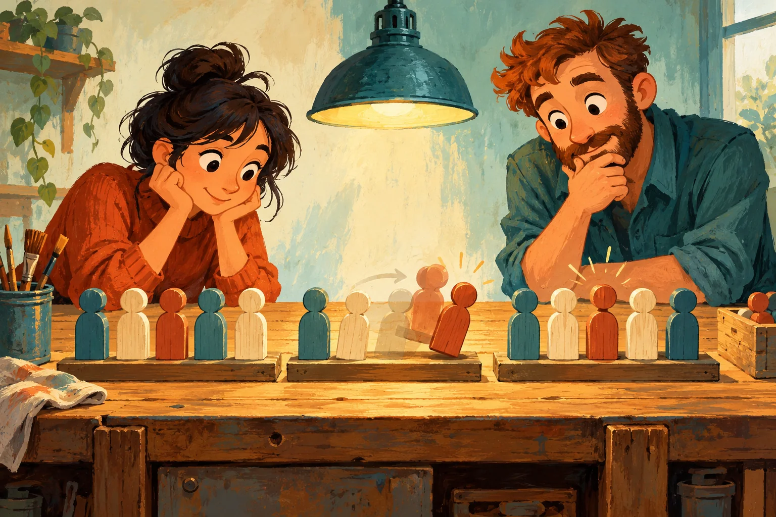 Gouache painting of two readers watching wooden figures move between rows on a workbench