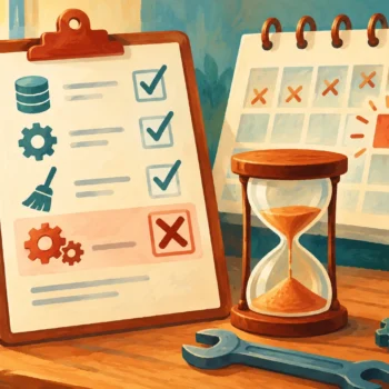 Gouache painting of a maintenance checklist beside an hourglass and marked calendar