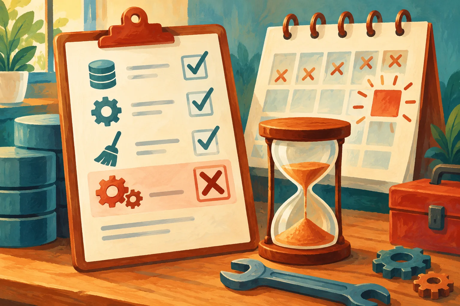Gouache painting of a maintenance checklist beside an hourglass and marked calendar