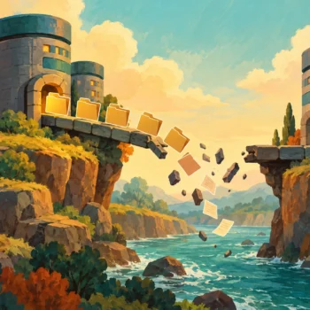 Gouache painting of folders crossing an interrupted bridge between database towers