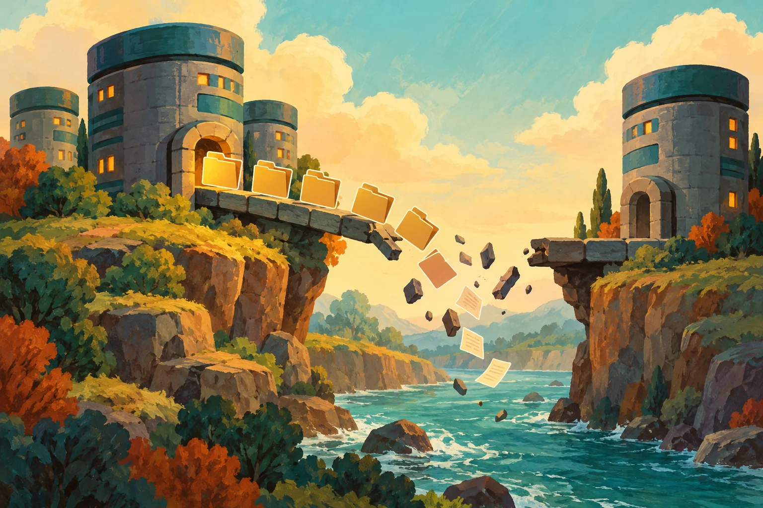 Gouache painting of folders crossing an interrupted bridge between database towers