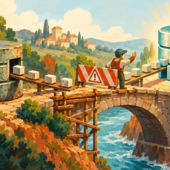 Gouache painting of a worker checking a blocked bridge between two database towers