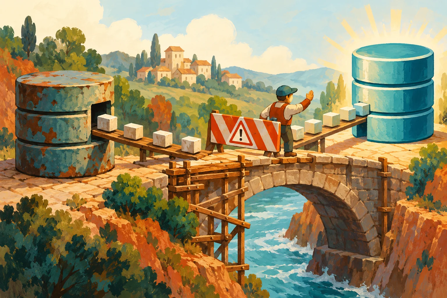Gouache painting of a worker checking a blocked bridge between two database towers