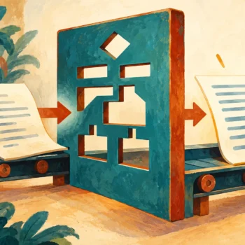 Gouache painting of a document passing through a schema-shaped stencil