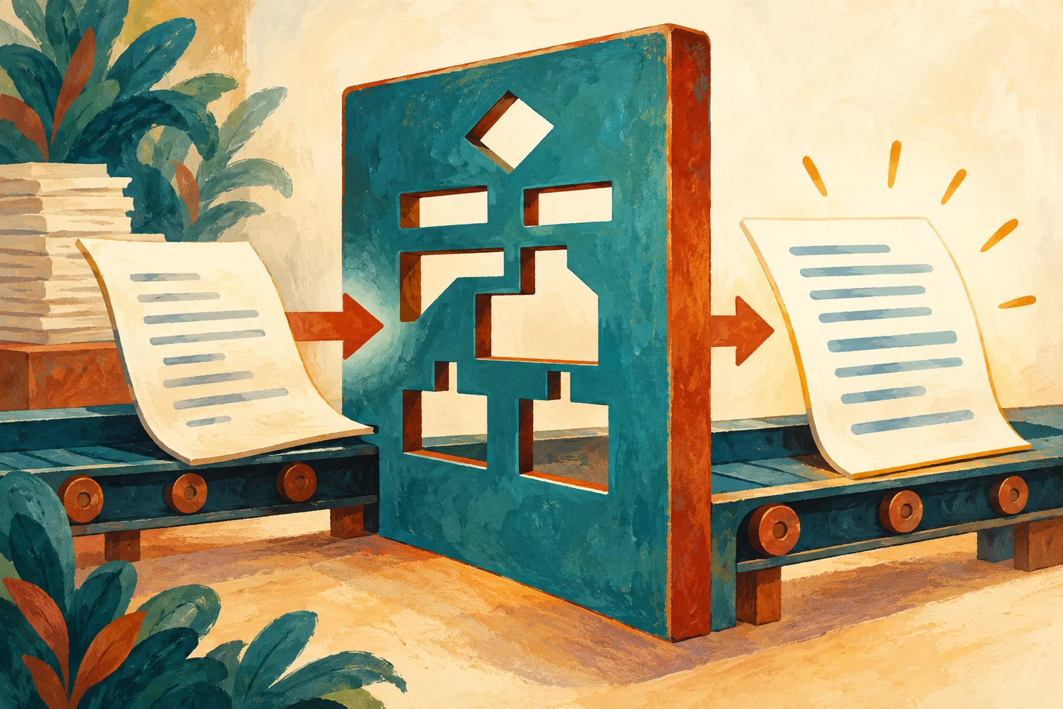 Gouache painting of a document passing through a schema-shaped stencil