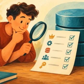 Gouache painting of a person reviewing a database access checklist with a magnifying glass