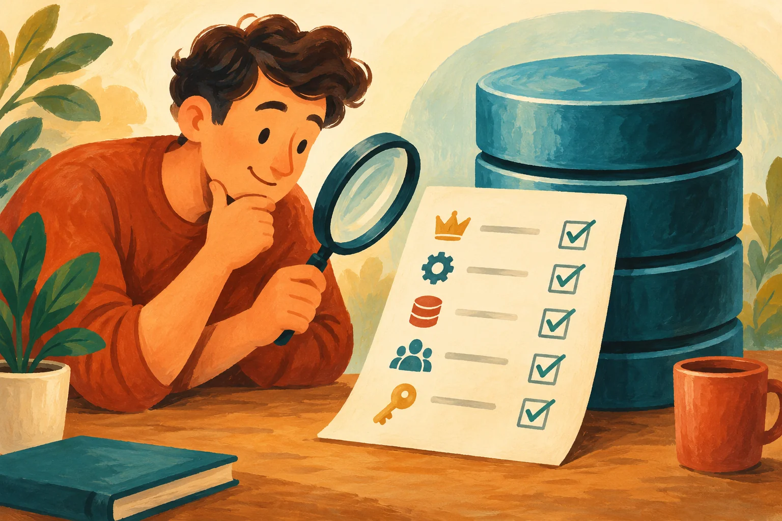 Gouache painting of a person reviewing a database access checklist with a magnifying glass