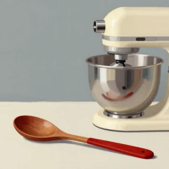 Gouache painting of a wooden spoon with a vermilion handle beside a big cream stand mixer