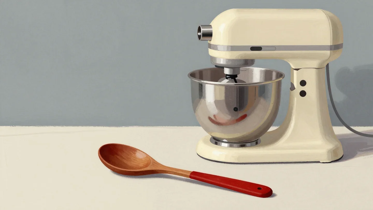 Gouache painting of a wooden spoon with a vermilion handle beside a big cream stand mixer