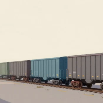 Gouache painting of a freight train of coupled cars along a track, the nearest car vermilion