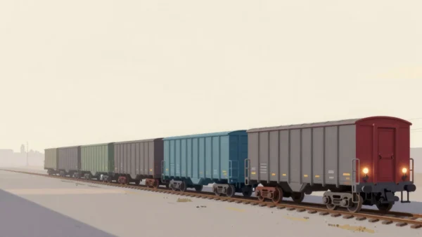 Gouache painting of a freight train of coupled cars along a track, the nearest car vermilion