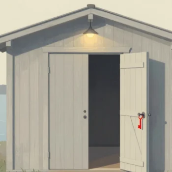 Gouache painting of a grey shed beside the water with its door open and a vermilion key in the lock