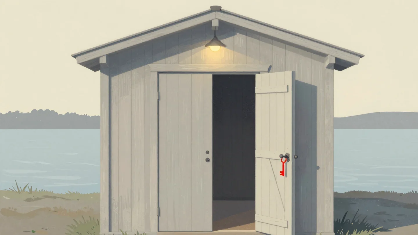 Gouache painting of a grey shed beside the water with its door open and a vermilion key in the lock