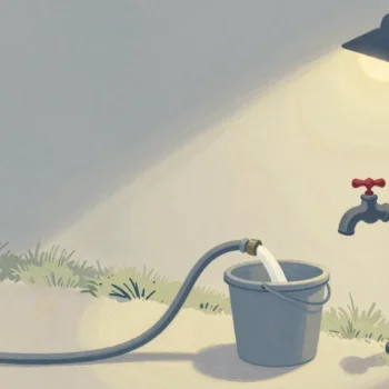 Gouache painting of a hose overflowing a full bucket onto a path beside a tap with a vermilion wheel