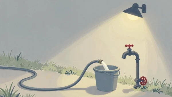 Gouache painting of a hose overflowing a full bucket onto a path beside a tap with a vermilion wheel