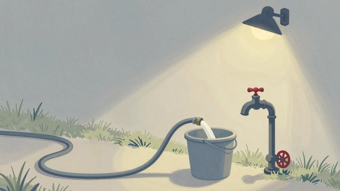 Gouache painting of a hose overflowing a full bucket onto a path beside a tap with a vermilion wheel