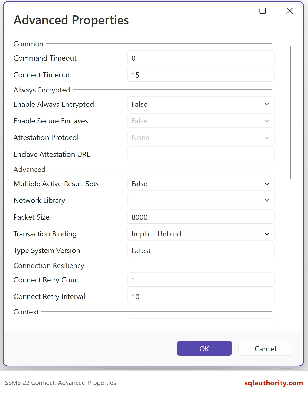SSMS 22 Connect dialog, Advanced Properties: Command Timeout 0 and Connect Timeout 15.