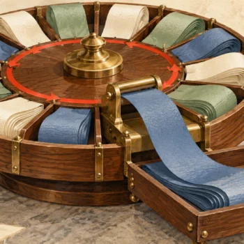 Gouache painting of a circular wooden organizer holding folded paper ribbons with one selected strip feeding into a tray.