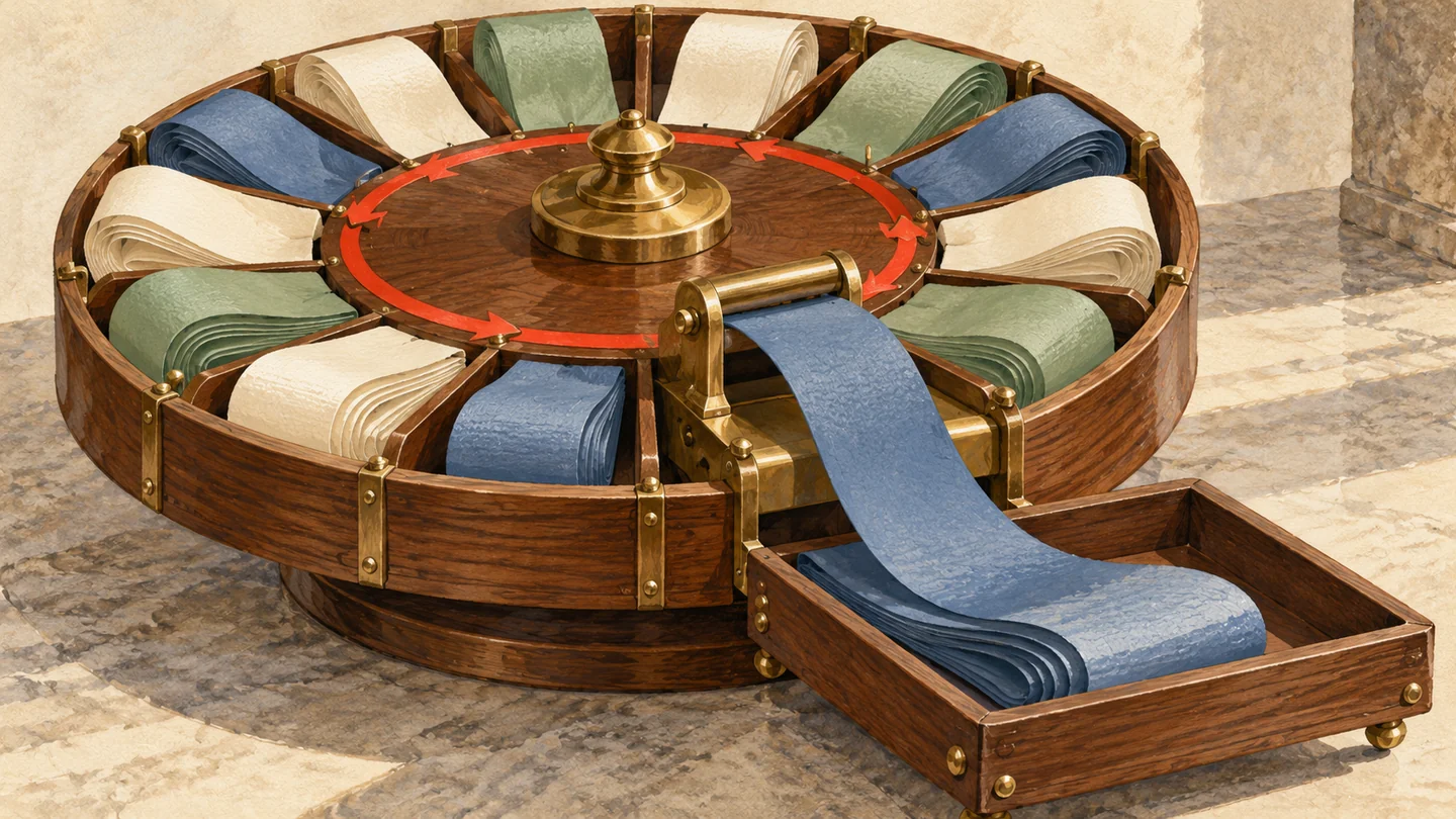 Gouache painting of a circular wooden organizer holding folded paper ribbons with one selected strip feeding into a tray.