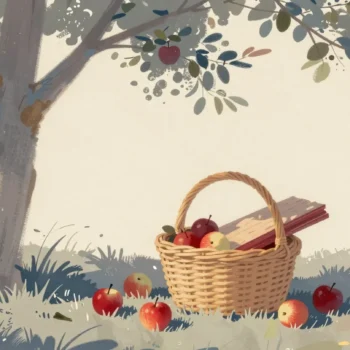Gouache painting of a basket of apples capped by a vermilion plank, with more apples left on the grass around it