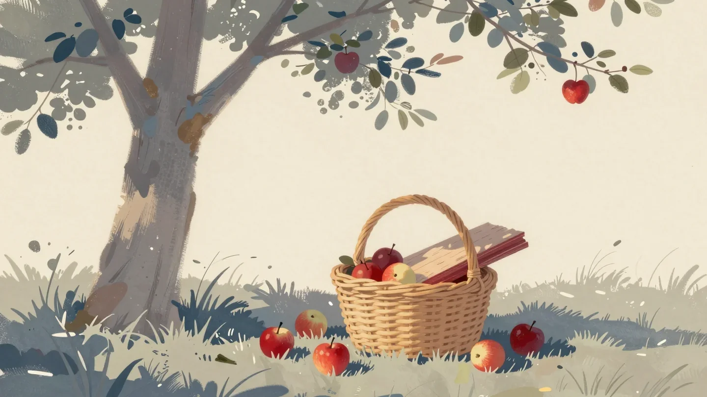 Gouache painting of a basket of apples capped by a vermilion plank, with more apples left on the grass around it