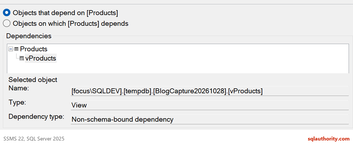 Object Dependencies dialog showing the dependent view for the selected Products table.