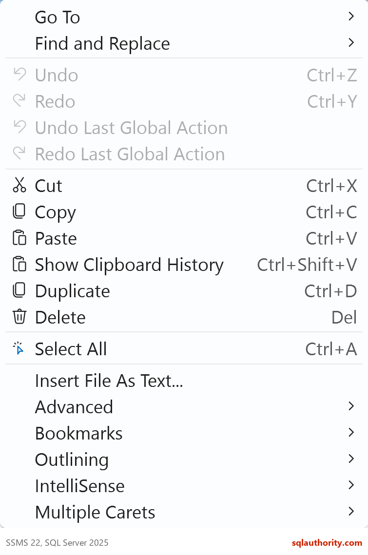 SSMS 22 Edit menu showing Show Clipboard History with the Ctrl+Shift+V shortcut.