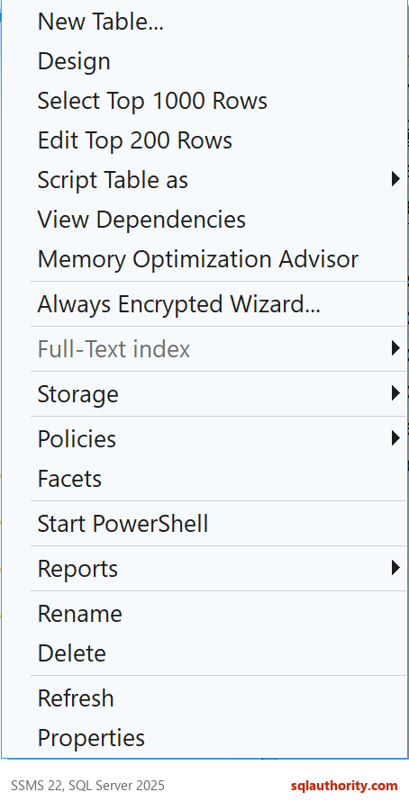 SSMS table context menu showing the View Dependencies command.
