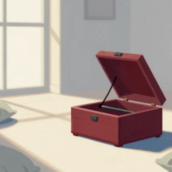 Gouache painting of a vermilion music box with its lid opening on a table in a music room