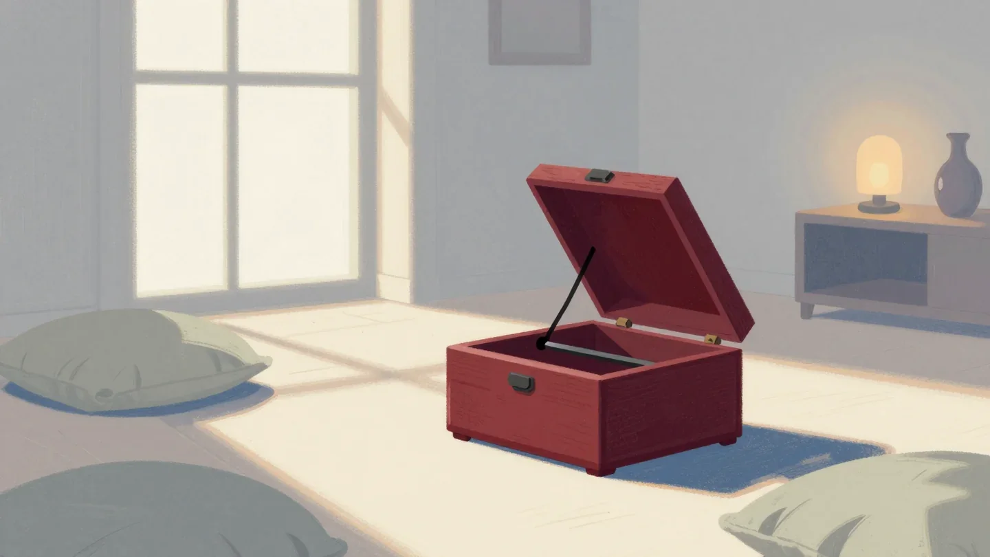 Gouache painting of a vermilion music box with its lid opening on a table in a music room