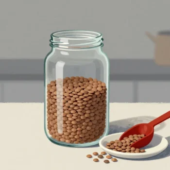 Gouache painting of a jar of lentils beside a saucer of sample lentils with a vermilion scoop on a kitchen counter