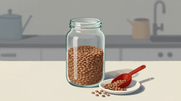 Gouache painting of a jar of lentils beside a saucer of sample lentils with a vermilion scoop on a kitchen counter