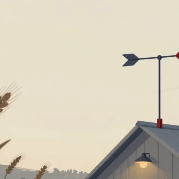 Gouache painting of a weathervane on a barn roof with a vermilion arrowhead and wheat stalks in front
