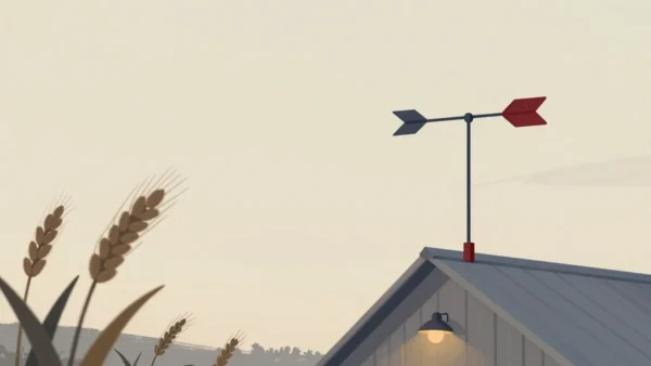 Gouache painting of a weathervane on a barn roof with a vermilion arrowhead and wheat stalks in front