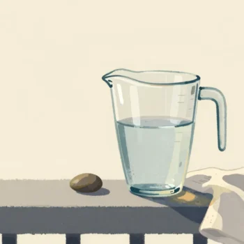 Gouache painting of a clear glass measuring jug of water on a veranda rail beside a small stone and a folded cloth